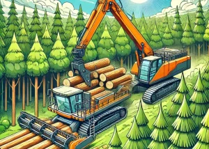 Illustration einer modernen Forstmaschine, die Holz in einem dichten, grünen Wald erntet, mit einer professionellen Maschine, die effizient und sicher unter einem hellen, sonnigen Himmel arbeitet.