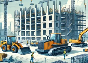 Illustration moderner Baumaschinen auf einer Baustelle, einschließlich eines Bulldozers, eines Krans und Arbeiter in Sicherheitskleidung, mit einem halb fertigen Gebäude und Baumaterialien im Hintergrund unter einem leicht bewölkten Himmel.