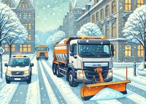 Illustration einer schneebedeckten Stadtstraße mit modernen Winterdienstfahrzeugen, darunter ein Schneepflug und ein Streugerät, die im Einsatz sind, um die Straße zu räumen und zu enteisen, umgeben von schneebedeckten Bäumen und Gebäuden unter einem bewölkten Winterhimmel.