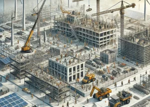 Illustration einer modernen Baustelle in Deutschland mit mehreren Kränen, detaillierten Gerüsten und Arbeitern, die fortschrittliche Maschinen nutzen. Im Hintergrund sind Gebäude im Bau und erneuerbare Energieelemente wie Solaranlagen und Windräder zu sehen, die nachhaltige Baukonzepte symbolisieren.