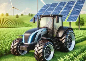 Illustration eines modernen elektrischen Traktors, der auf einem grünen Feld arbeitet, mit Solaranlagen und einer Windkraftanlage im Hintergrund. Der Traktor hat ein futuristisches Design und repräsentiert saubere Energie und nachhaltige Landwirtschaft unter einem sonnigen Himmel.