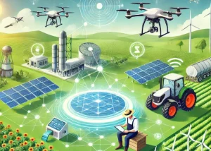 Illustration einer modernen Smart Farm mit Drohnen, automatisierten Maschinen und erneuerbaren Energien, die eine nachhaltige und effiziente Landwirtschaft darstellen.