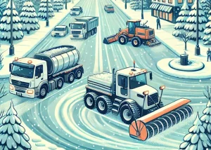 Illustration einer belebten Winterstraße mit modernen Schneeräumgeräten, darunter ein Schneepflug, ein Streufahrzeug und eine Kehrwalze, die Schnee und Eis entfernen, umgeben von schneebedeckten Bäumen und Gebäuden unter einem bewölkten Winterhimmel.