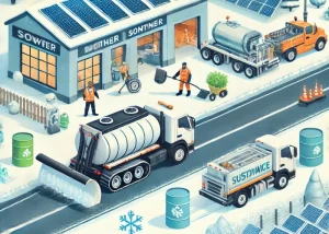 Nachhaltiger Winterdienst: Schneepflüge und Streufahrzeuge mit umweltfreundlichen Technologien räumen Straßen, unterstützt von Solarenergie und modernen Lösungen.