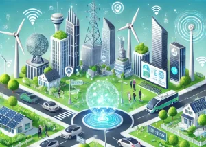 Illustration einer futuristischen Smart City mit vernetzten Straßen, autonom fahrenden Fahrzeugen und nachhaltigen Technologien wie Solarpaneelen und Windturbinen.