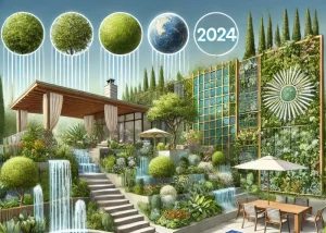 Moderne Gartenlandschaft mit nachhaltigen Elementen wie Solarleuchten, smarten Bewässerungssystemen, vertikalen Gärten und gemütlichen Outdoor-Living-Bereichen.