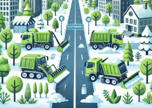 Illustration eines nachhaltigen Winterdienstes mit umweltfreundlichen Schneepflügen und Kehrmaschinen, die auf schneebedeckten Straßen arbeiten. Gesunde grüne Pflanzen und ein klarer blauer Himmel betonen die ökologischen Vorteile umweltfreundlicher Alternativen zu Streusalz.