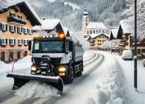 Ein moderner Schneepflug räumt eine verschneite Straße in einer bayerischen Stadt, umgeben von schneebedeckten Bäumen, Gebäuden und Straßenlampen. Der Schneepflug schiebt aktiv Schnee zur Seite, während der Himmel bewölkt ist und die Straße teilweise geräumt mit sichtbaren Reifenspuren ist.