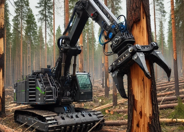 Borkenkäfer-Plage 2024: Forstarbeiter beim Einsatz moderner Holzgreifer zur Bekämpfung von Borkenkäferbefall.