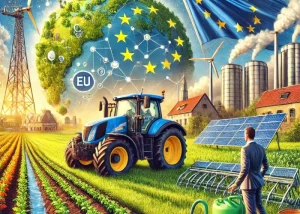 Illustration eines europäischen Landwirts, der EU-Fördergelder für nachhaltige Landwirtschaft nutzt, mit modernen Traktoren, Solarpaneelen und Feldern im Hintergrund.