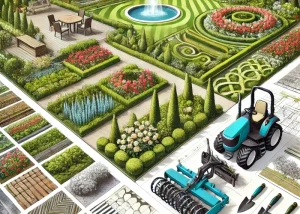 Illustration eines sorgfältig geplanten und ästhetisch gestalteten Garten- und Landschaftsprojekts mit gepflegten Wegen, üppigem Grün, Blumen und Bäumen. Moderne Gartentechnik wie eine Bodenfräse und ein Astgreifer sind im Einsatz, ergänzt durch einen klaren, sonnigen Himmel.