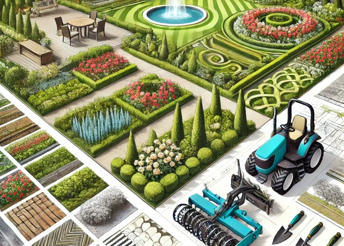 Illustration eines sorgfältig geplanten und ästhetisch gestalteten Garten- und Landschaftsprojekts mit gepflegten Wegen, üppigem Grün, Blumen und Bäumen. Moderne Gartentechnik wie eine Bodenfräse und ein Astgreifer sind im Einsatz, ergänzt durch einen klaren, sonnigen Himmel.