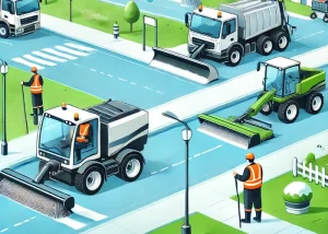 Illustration einer sauberen städtischen Umgebung mit moderner kommunaler Technik, darunter Kehrmaschinen, Schneepflüge und Mulcher, die Straßen und Grünflächen pflegen. Arbeiter in Sicherheitskleidung bedienen die Maschinen, während die gepflegte Umgebung die Vorteile fortschrittlicher Technik hervorhebt.