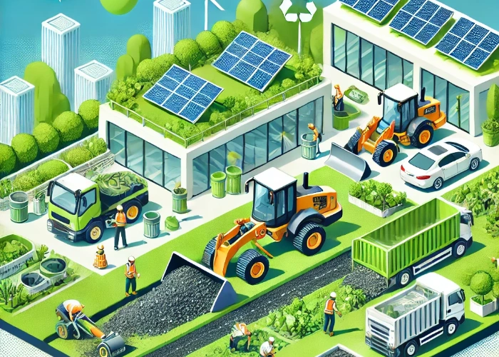 Illustration einer modernen nachhaltigen Baustelle mit energieeffizienten Maschinen wie kompakten Planiergeräten und umweltfreundlichen Siebmaschinen. Arbeiter installieren recycelte Materialien, während eine grüne Fläche mit lokaler Vegetation entwickelt wird. Im Hintergrund sind Gebäude mit Solaranlagen zu sehen, die nachhaltige Baupraktiken betonen.