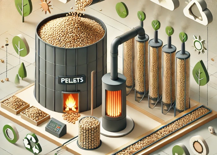 Illustration eines modernen Holzpellet-Heizsystems mit nachhaltigen Holzpellets, die aus einem Silo in eine Heizanlage gefördert werden, unter Betonung von Umweltschutz und erneuerbarer Energie.