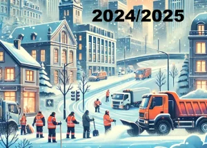 Illustration einer modernen europäischen Stadt im Winter 2024/2025 mit schneebedeckten Straßen, Streufahrzeugen und Fußgängern, die gut auf die Wetterbedingungen vorbereitet sind.