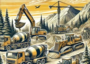 Illustration einer Baustelle in einem herausfordernden Gelände, wie einer bergigen oder bewaldeten Umgebung, mit schweren Baumaschinen wie Betonmischern und Schaufeln. Arbeiter in Sicherheitskleidung bewältigen das schwierige Gelände mit robusten Geräten, während die Landschaft steile Hügel und Bäume zeigt.