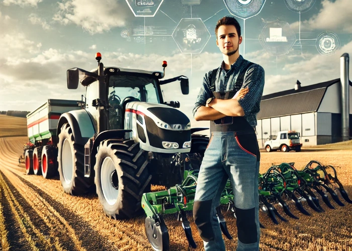 Ein junger Landwirt in Thüringen steht stolz neben einem modernen Traktor mit Frontlader und Silagegabel. Im Hintergrund sind Felder, Scheunen und ein klarer Himmel zu sehen, was Innovation und den Einsatz neuer Technologien in der Landwirtschaft symbolisiert.