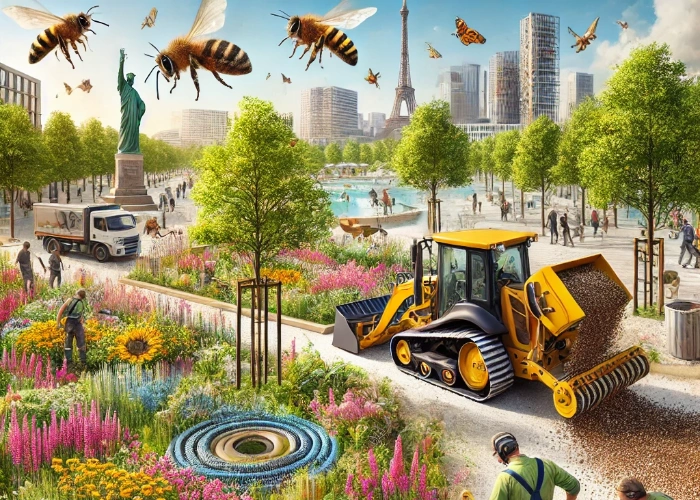 Urbaner Garten mit blühenden Pflanzen, Bienen und Landschaftsbauern, die Biodiversitätsprojekte umsetzen, unterstützt von Maschinen wie der Bodenumkehrfräse und dem Astgreifer.