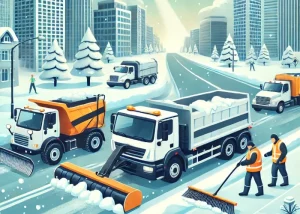 Illustration eines modernen Winterdienstes mit Schneepflug, Kehrmaschine und Streufahrzeug in einer schneebedeckten städtischen Umgebung. Die Straßen sind geräumt und sicher, Fußgänger bewegen sich gefahrlos.