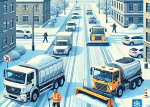 Illustration moderner Winterdiensttechnik im Einsatz: ein Schneepflug räumt verschneite Straßen, eine Kehrmaschine beseitigt Salzrückstände, und ein Streufahrzeug verteilt umweltfreundliches Enteisungsmaterial. Im Hintergrund eine schneebedeckte Stadtlandschaft mit sicheren, geräumten Wegen und Fußgängern.