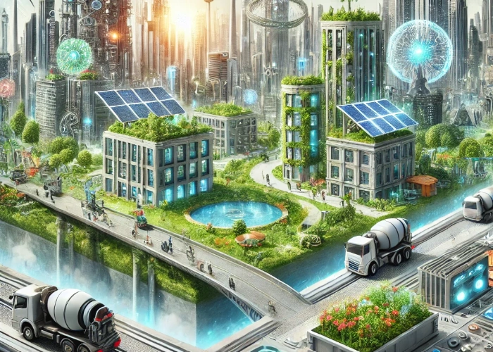 Futuristische Stadtentwicklung mit nachhaltigen Hochhäusern, vertikalen Gärten, Solarpanelen und 3D-gedruckten Gebäuden. Im Vordergrund sind moderne Baumaschinen wie Betonmischer sichtbar, die Innovation und Nachhaltigkeit im Bauwesen symbolisieren.