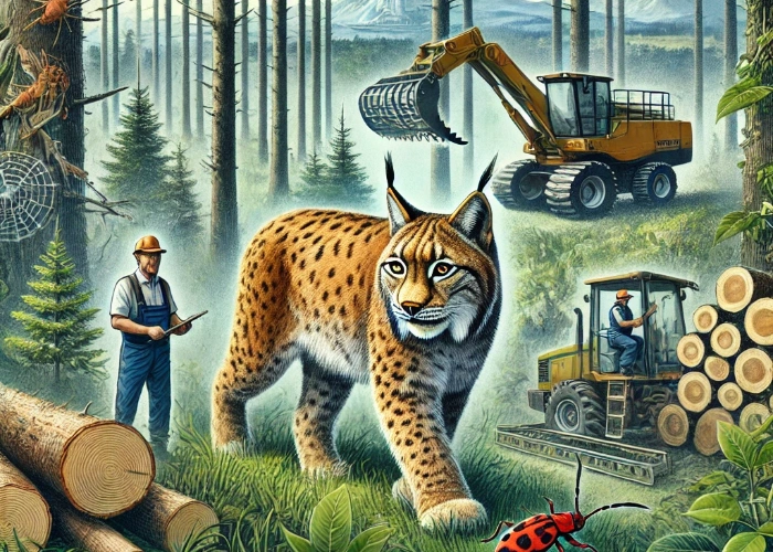 Illustration eines dichten Waldes mit einem Luchs in seiner natürlichen Umgebung, Forstarbeiter mit modernen Maschinen wie Holzgreifern für nachhaltige Forstbewirtschaftung und Überwachung invasiver Arten wie des Asiatischen Laubholzbockkäfers. Die Szene betont Biodiversität, Naturschutz und nachhaltige Forstpraktiken.