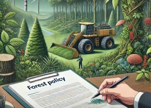 Illustration eines Waldes mit vielfältiger Biodiversität, nachhaltiger Forstwirtschaft mit moderner Technik und politischen Dokumenten im Vordergrund. Die Szene betont Forstpolitik, Naturschutz und moderne Forstpraktiken.