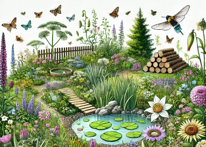 Illustration eines naturnahen Gartens zur Förderung der Biodiversität mit Wildblumen, Sträuchern, einem kleinen Teich mit Seerosen sowie Totholz- und Steinhaufen. Verschiedene Tiere wie Vögel, Bienen und Schmetterlinge beleben den üppigen Garten und symbolisieren die Harmonie mit der Natur.