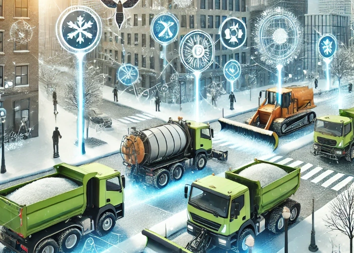 Moderne Winterdienstgeräte in Aktion: Schneepflüge, Streumaschinen und multifunktionale Reinigungsgeräte auf einer verschneiten urbanen Straße. Die Illustration zeigt nachhaltige und effiziente Technologien für sichere Straßen und Gehwege.