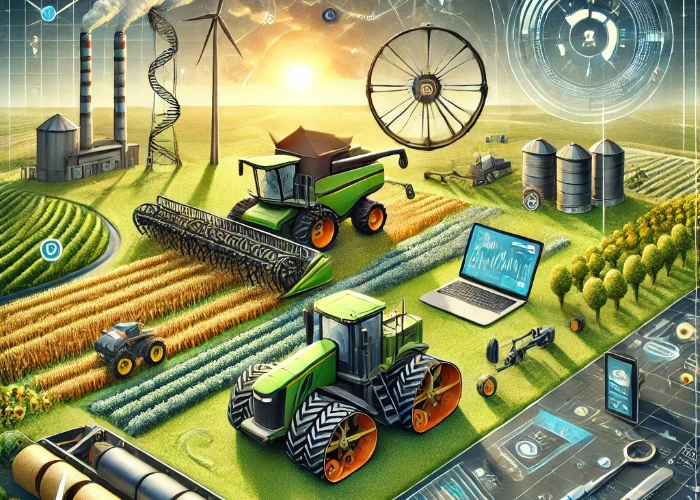 Illustration moderner landwirtschaftlicher Maschinen wie Silagewalzen und Ballengreifer auf einem gepflegten Hof. Die Szene zeigt nachhaltige Praktiken wie Wasserschutz, digitale Ernteüberwachung und eine harmonische ländliche Landschaft, die Innovation und Ressourcenschutz in der Landwirtschaft betont.