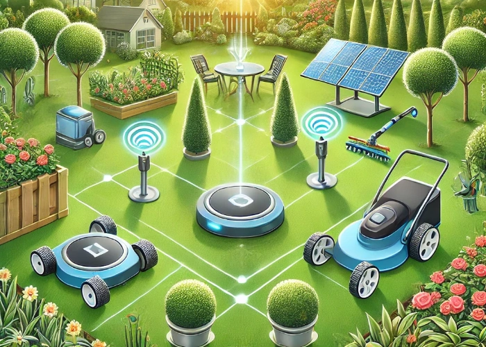 Illustration moderner Smart Gardening-Technologien: automatisierte Bewässerungssysteme, Rasenmähroboter und vernetzte Gartengeräte in einem gepflegten Garten. Die Szene betont Effizienz, Nachhaltigkeit und Innovation im Gartenbau.