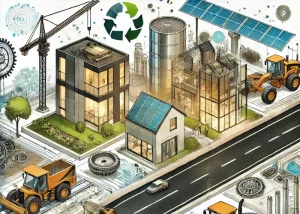 Darstellung innovativer Bauverfahren: Modulare Gebäude im schnellen Aufbau, moderne Maschinen wie Präzisionsgrader und Siebe im Einsatz sowie eine futuristische Straße aus recyceltem Asphalt, die Nachhaltigkeit und moderne Technologie im Bauwesen symbolisiert.