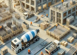 Moderne Baustelle mit gut organisierten Materialien, klaren Transportwegen und effizient eingesetzten Maschinen. Bauarbeiter arbeiten mit Betonmischern und Schaufeln, während eine Palettengabel Lasten bewegt. Im Hintergrund ist eine gut strukturierte Baustelle mit abgestimmten Abläufen und Maschinen im Einsatz. Das Bild vermittelt Effizienz, Planung und optimierte Logistik auf der Baustelle.